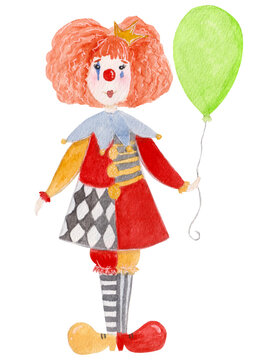 Watercolor illustration, girl in clown costume with balloon isolated on white background. For childish products, etc.