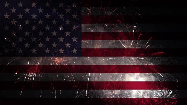 The 4th of July or independence day 4k concept footage. Flag of United States and fireworks display.