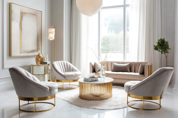 Design furniture with golden elements in luxury room. Hollywood