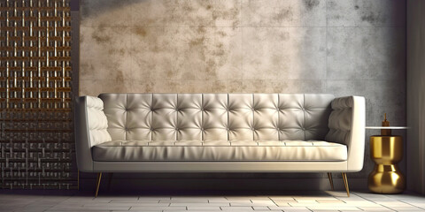 Gray leather tufted sofa against concrete tile wall. Luxury interior design of modern living room. Created with generative AI