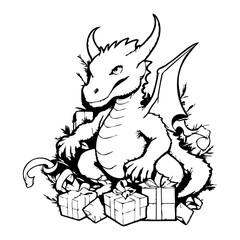 Coloring book with dragon. Year of the dragon 2024 linear black and white illustration for coloring. Generated using artificial intelligence