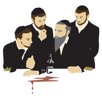 Farbrengen - a Jewish Hasidic gathering. A rabbi and yeshiva students sit and meet.
Next to them on the table is a bottle of vodka and a glass. and plates of food.
The older one speaks. Flat vector