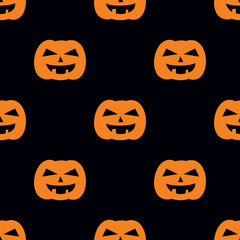 Halloween tile vector pattern with orange pumpkin and treat or trick on black background