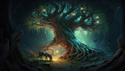 Fototapeta na wymiar A majestic old tree in the heart of the enchanted forest, with magical creatures living in its branches. Generative AI