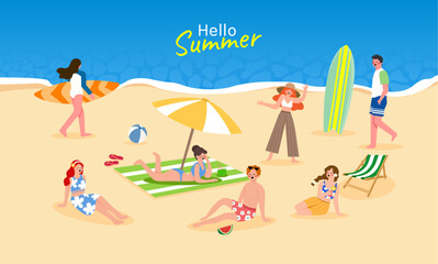 people on beach vector set collection. man woman, surf board, enjoy summer vacation, relax, chill have fun, play dance, lying on towels sun chairs sand, eat ice drink cocktails.