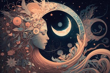 celestial moon goddess generative ai	 - obrazy, fototapety, plakaty