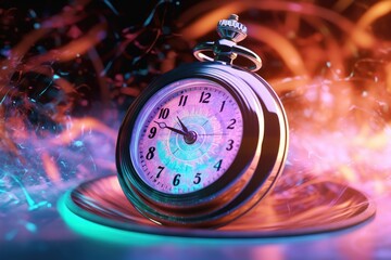 glowing clock concept of time travel, chrononauts - obrazy, fototapety, plakaty