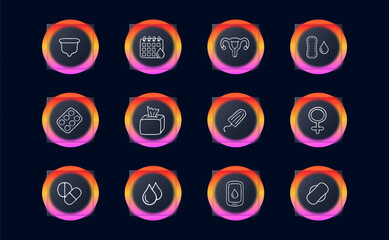 Set of icons representing menstruation and feminine hygiene. Empowering, menstrual cycle, women's health. Neomorphism style. Vector line icon