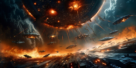 formidable destroying forces in the universe, alien space fighter attack, science fiction illustration, generative ai