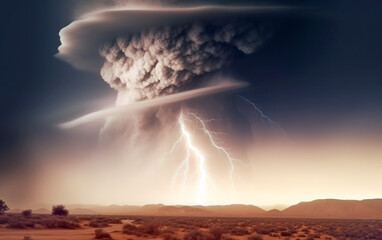 A dramatic sky features a powerful lightning storm under a massive, swirling cloud formation. The barren landscape below highlights the intensity of the natural phenomenon.AI generated.