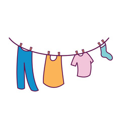 Colored simple clothesline with various type of clothing hanging and drying on it vector icon illustration isolated. Simple flat outline icon drawing cartoon art style with blue, orange pink, green.