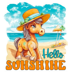 Hello Sunshine, summer illustration of a cute horse on the beach, Ai generated art