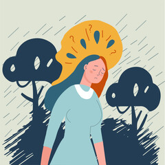 Sad, unhappy  girl, depression concept, flat vector illustration. Depressed, unhappy girl.  Mental health