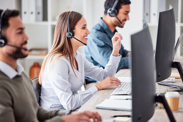 Call center, woman and working in team office with headset, computer and online customer support,...