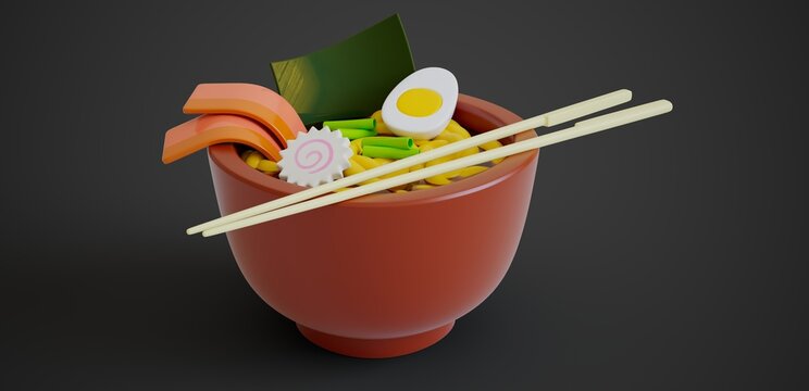 japanese noodles soup "ramen" isolated on grey background stylized 3D rendered image