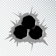 Ragged hole torn in torn metal yin bullets on a transparent background. Vector - obrazy, fototapety, plakaty