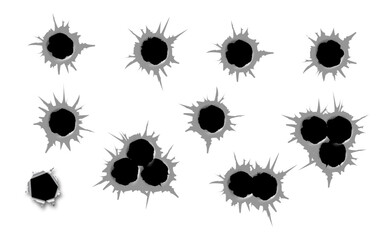 Bullet hole template. Damage and cracks on surface from bullet. Vector