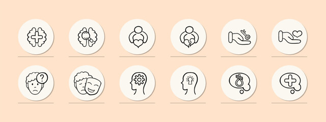 Fototapeta na wymiar Set of icons representing mental support and assistance. Empathy, listening, support, icons, set, psychology, help, communication. Pastel color background. Vector line icon