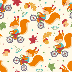 Obraz premium Colorful seamless pattern with cute cartoon squirrel riding bicycle in flat style. Endless texture for fabric, clothes, background, textile, wallpaper. Vector illustration with mushroom, acorn, leaves