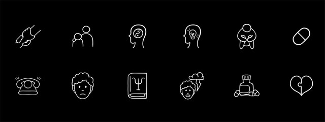 Collection of icons representing mental support and assistance. Empathy, listening, support. Vector white set icon