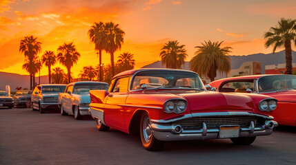 Fototapeta na wymiar Retro Movie Night: Classic Cars and Palm Springs. Generative AI