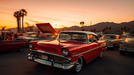 Timeless Movie Magic: Sunset Drive-In with Vintage Cars. Generative AI
