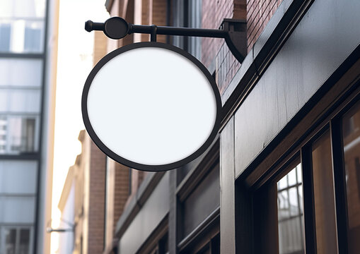 Circle Mockup Of Street Store Template Signboard On Empty Wood Wall, Sign 