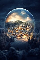 Stylish Christmas snow globe on the background of a Christmas tree in lights. Generative AI.
