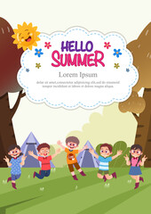 Cute children play outside. template for advertising brochures, ready for your text,  poster, background, website.Style of kids drawings.