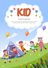 Obraz na płótnie Canvas Cute children play outside. template for advertising brochures, ready for your text, poster, background, website.Style of kids drawings.