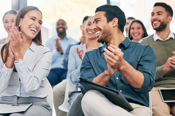 Business people, applause and staff in a workshop, funny or teamwork with collaboration, support or success. Coworkers, audience or group clapping, humor or seminar for corporate training or laughing