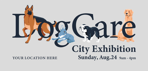 Classic typography text for poster with dogs. Store of zootechnics, veterinary medicine and animal care. Vector flat illustration