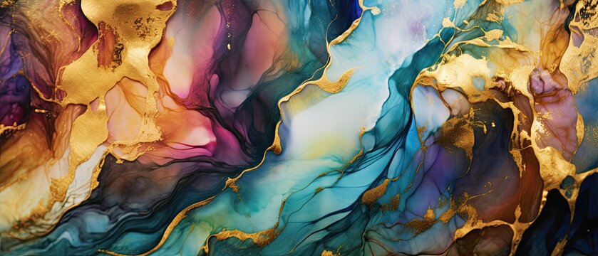 Abstract alcohol ink background, luxury and creative paint with beautiful and dreamy color, unique colored marble art with oil painting, wide graphic design for print and business - Generative Ai