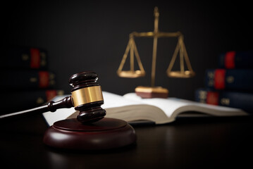 Gavel leaning against a row of law books