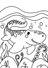 Coloring page dinosaur Mosasaurus for children kids only outline lineart black and white