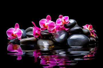 Obraz na płótnie Canvas illustration of pink orchids on stones with reflection. space for text. Spa concept. generative AI