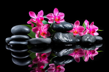 pink orchids on black stones with reflection. space for text. Spa concept. generative AI