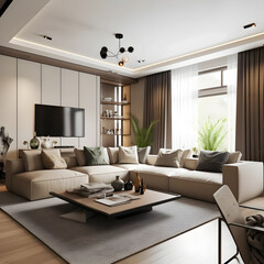 Stylish interior of living room with comfortable furniture generative AI techlogory