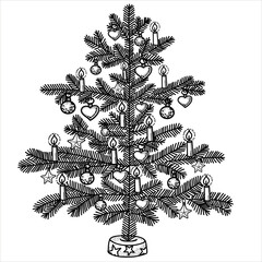 Christmas tree decorative wreaths, garlands, balls.Oorange slice, stars, winter  christmas decorations. Vector illustration, line art.