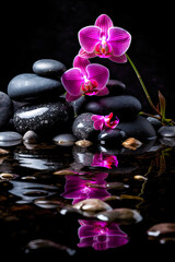 Obraz na płótnie Canvas illustration of pink orchids on black stones with reflection. free space. Spa concept. generative AI
