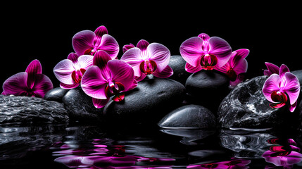 beautiful pink orchids on stones with reflection in water. Spa concept. generative AI
