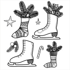 Christmas clipart.  Vintage ice skates, winter, Santa, christmas stocking, retro floral deco, candy stick. Stock illustration. Vector, line art.