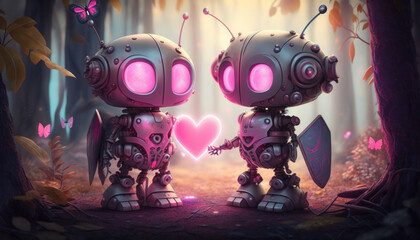 Cute pink retro robots, hearts on mission, pause to appreciate distant planet view. Generative AI