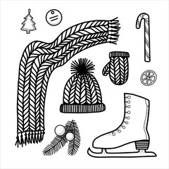 Christmas clipart.  Vintage knitted skarf, hat, mittens, ice skates, winter, Santa, retro deco, candy stick. Stock illustration. Vector, line art.