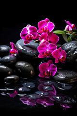 Fototapeta na wymiar pink orchids on wet black stones with reflection in water. vertical. Spa concept. generative AI