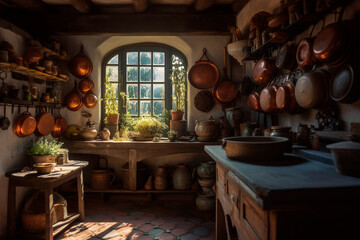 Generative AI illustration of Old Kitchen with dark wood cabinets and sunbeams coming through the window