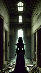 Fototapeta na wymiar Shadowy spirit in abandoned hospital hallway horror.