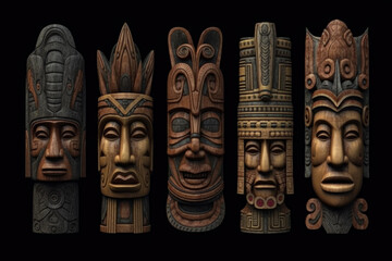 Fototapeta na wymiar Collection Wooden Various Masks On A Dark Black Background Created With The Help Of Artificial Intelligence