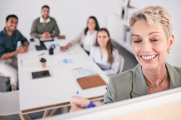 Writing, whiteboard and woman, manager and business presentation for training, brainstorming or planning. Happy leader, presenter and people, team or group coaching, clients proposal or meeting ideas - obrazy, fototapety, plakaty