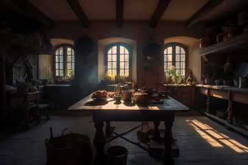 Generative AI illustration of Old Kitchen with dark wood cabinets and sunbeams coming through the window